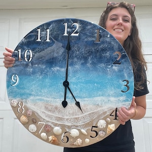 26" Beach Resin Art Clock: Coastal Ocean Theme Decor