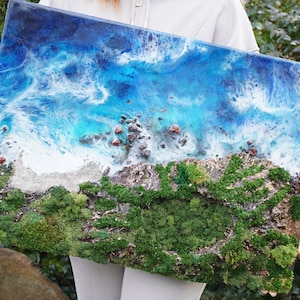 Resin Painting, Ocean wave with volcano resin art, Art Resin sea epoxy art, Beach Resin Art, Coastal wall art, Ocean Epoxy Wall Art