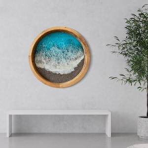 Round Wooden Framed Epoxy Resin Ocean Waves Wall Art