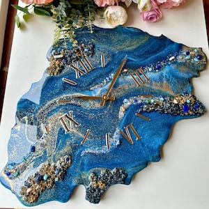 Handmade Blue Epoxy Resin Geode Wall Clock with Natural Stone Inlays