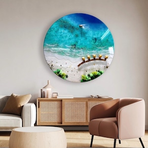 Round Resin Ocean Wall Art: 3D Beach Seascape, Coastal Decor