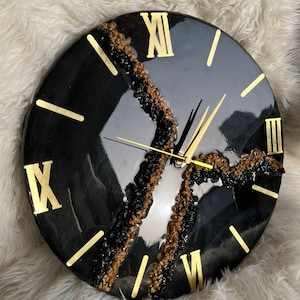 Resin Geode Wall Clock: Black & Gold, Natural Stones, Modern Decor