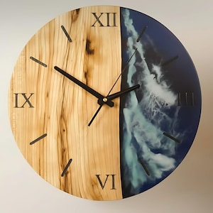 Small Wood & Resin Wall Clock: Unique Blue Modern Clock, 14"/35 cm, Housewarming Anniversary Christmas Gift, Made to Order Wall Clock